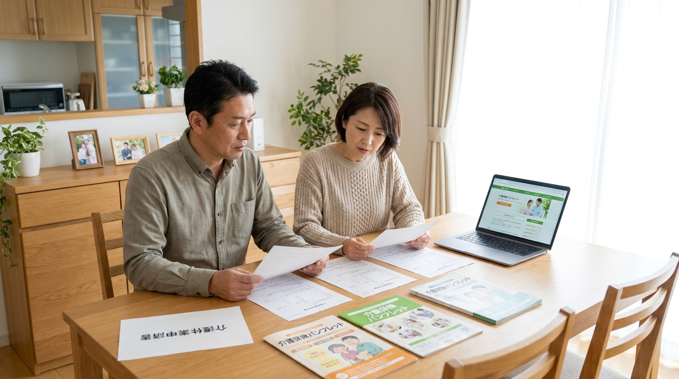 親の介護休業申請書類を確認する家族