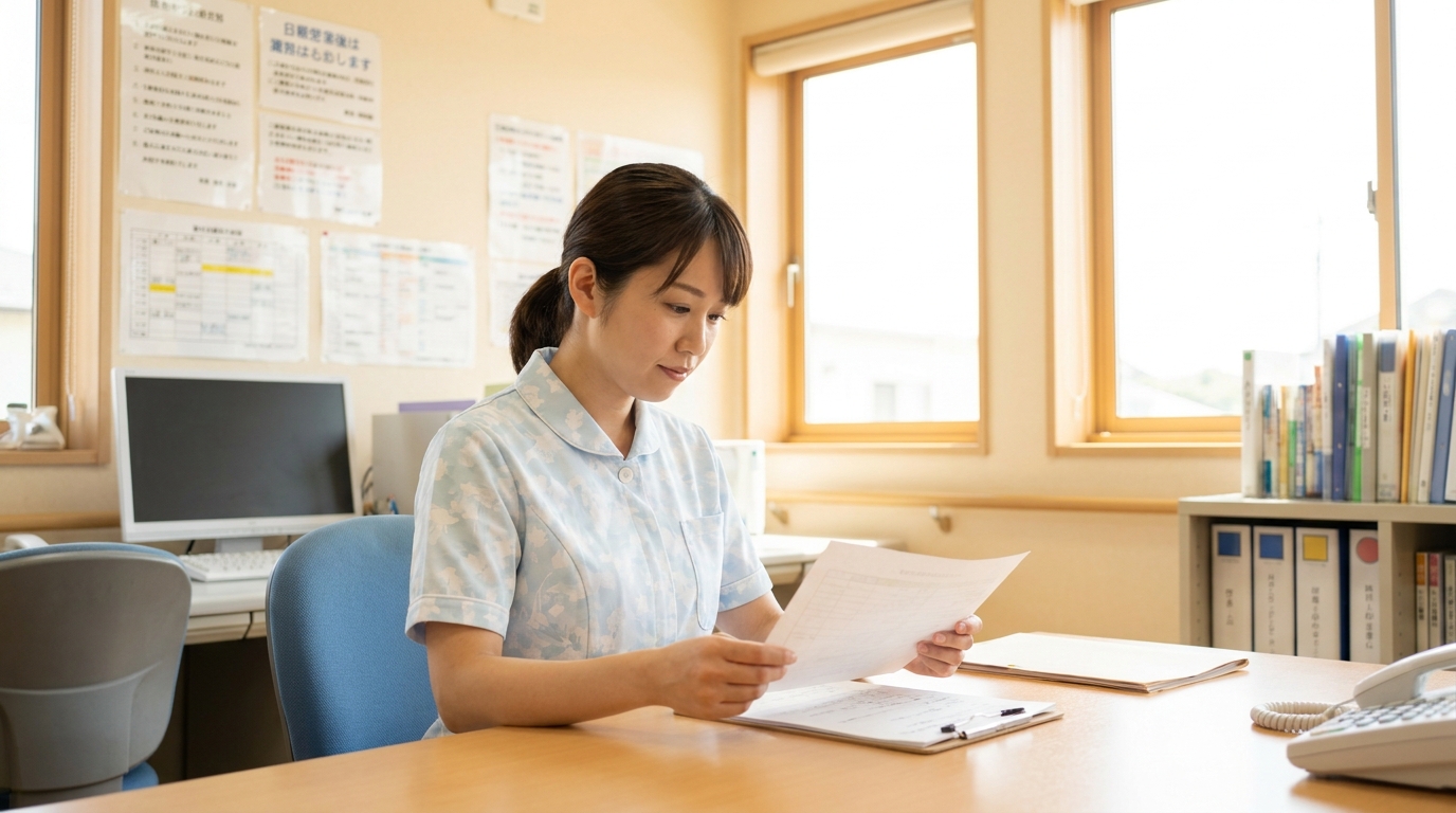 介護施設で書類確認をする女性介護士