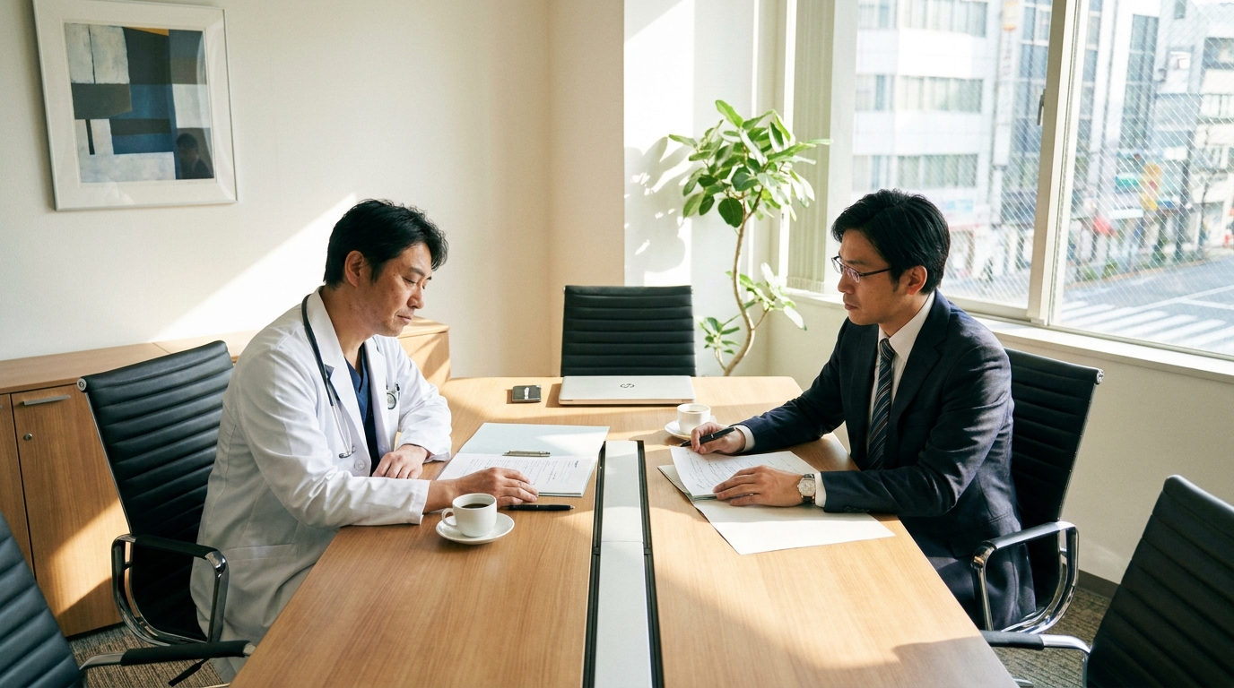 弁護士に退職相談する勤務医がデスクで書類を確認する様子