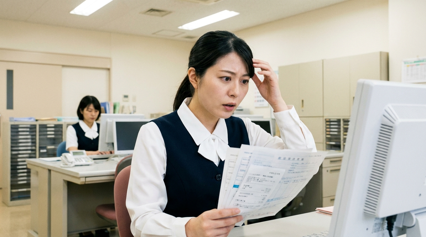 医療事務の女性が書類を確認しながら困惑している様子