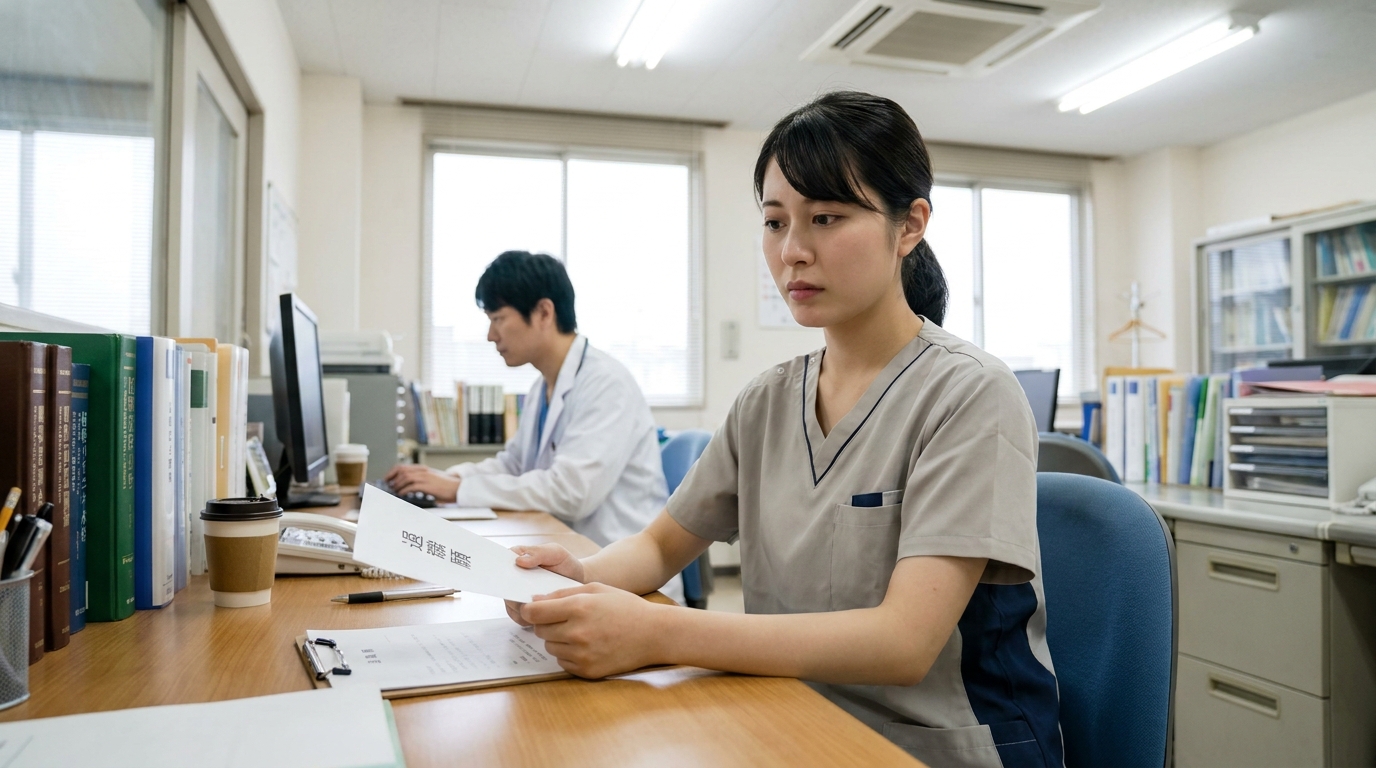 理学療法士の新卒が悩みを抱えて書類を眺めている実写風画像