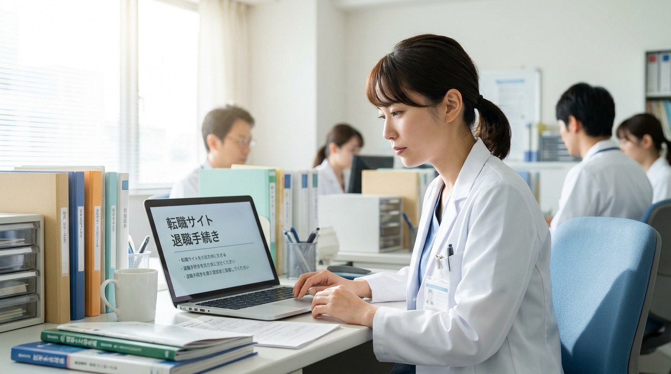 医師が退局後に転職先を探す場面