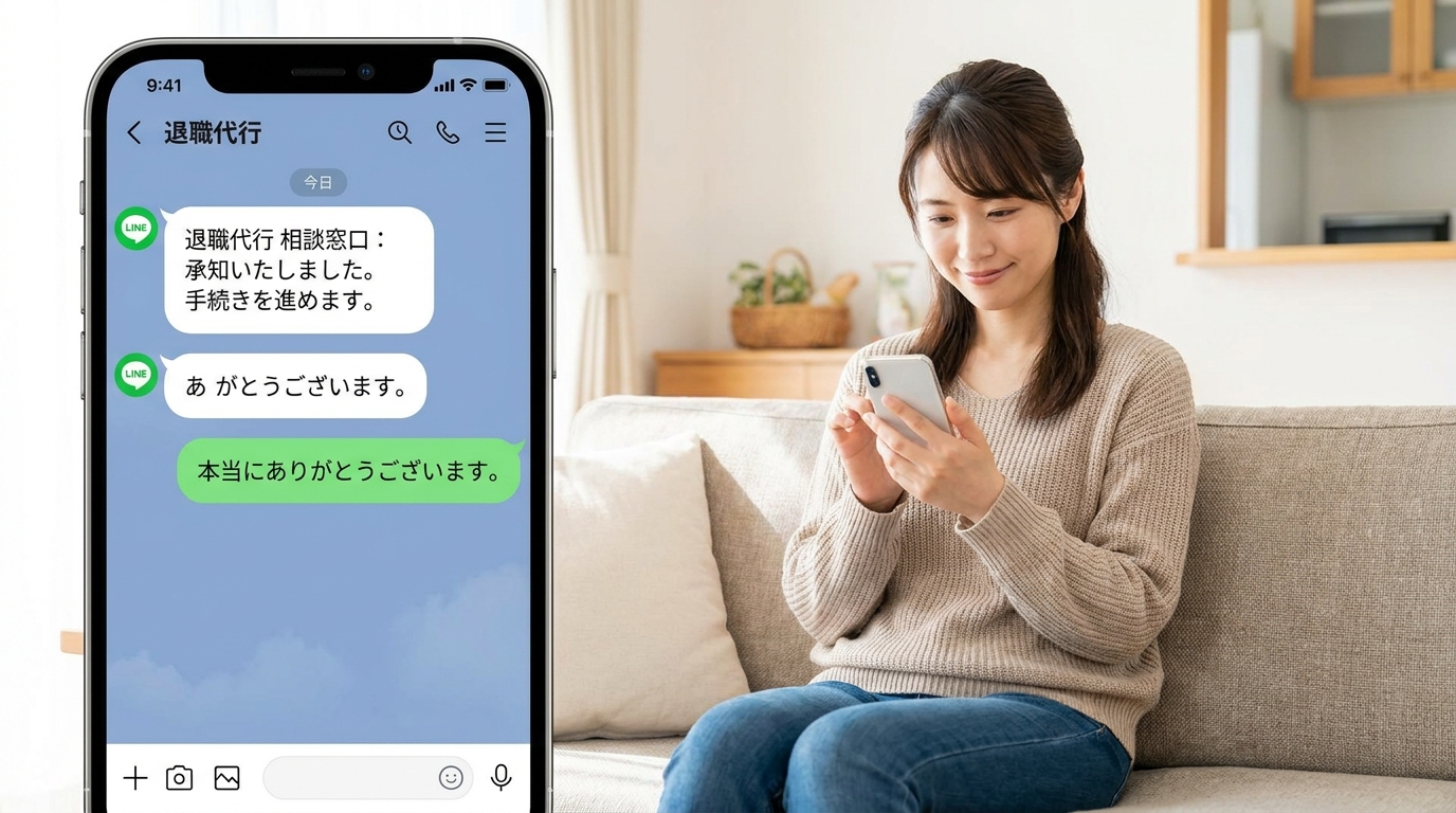 看護師が退職代行サービスのLINE相談画面を見てほっとした表情をしている様子