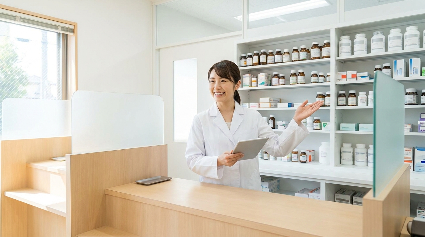 新しい職場のクリニックで笑顔で働く薬剤師