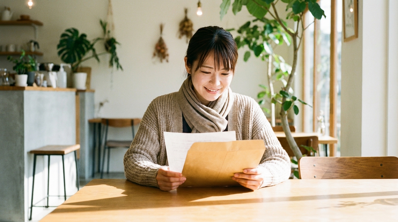 退職書類を確認している介護士の女性