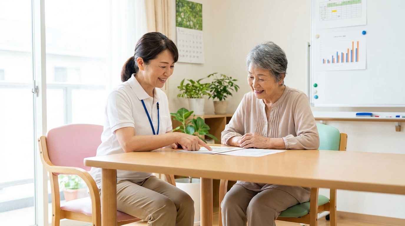 相談室で介護職員が家族と書類を確認しながら話し合っている様子