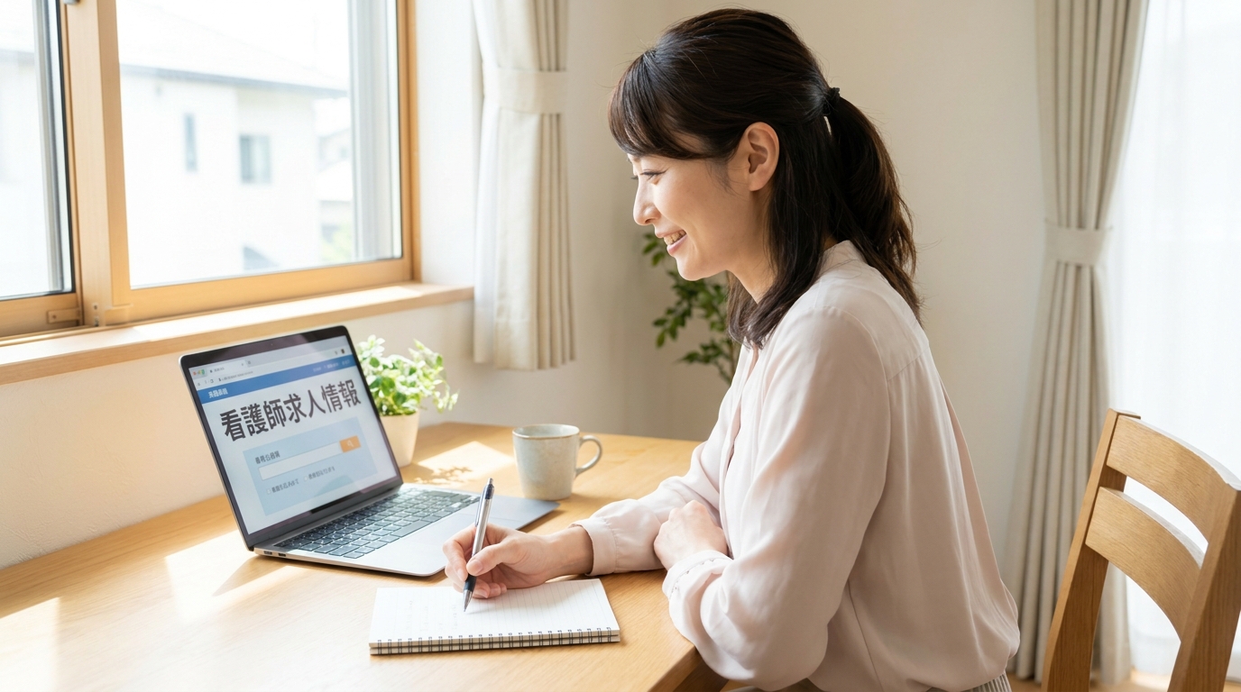 看護師が退職後の転職活動でPCを使って求人を確認している場面