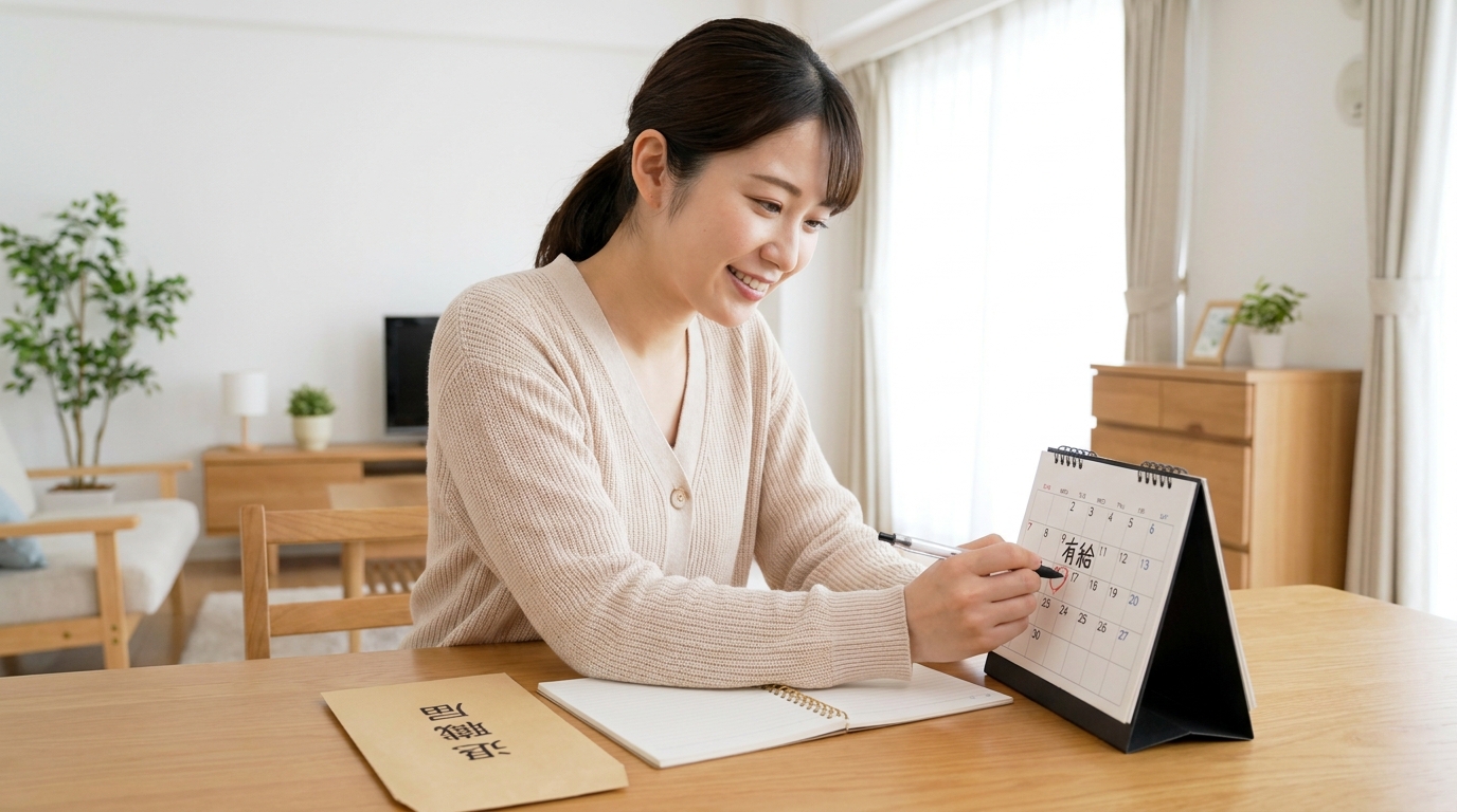 歯科衛生士の女性がカレンダーで有給消化スケジュールを確認している場面