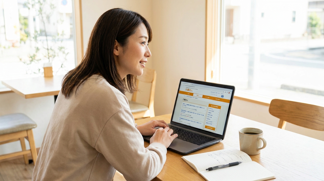 介護職員が転職先の求人を見ながら次のキャリアを考えている