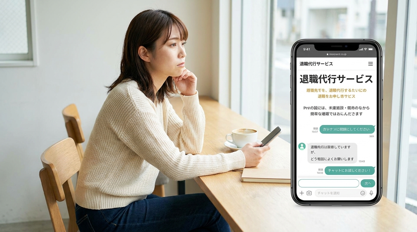 医療事務の女性がスマートフォンで退職代行に相談している様子