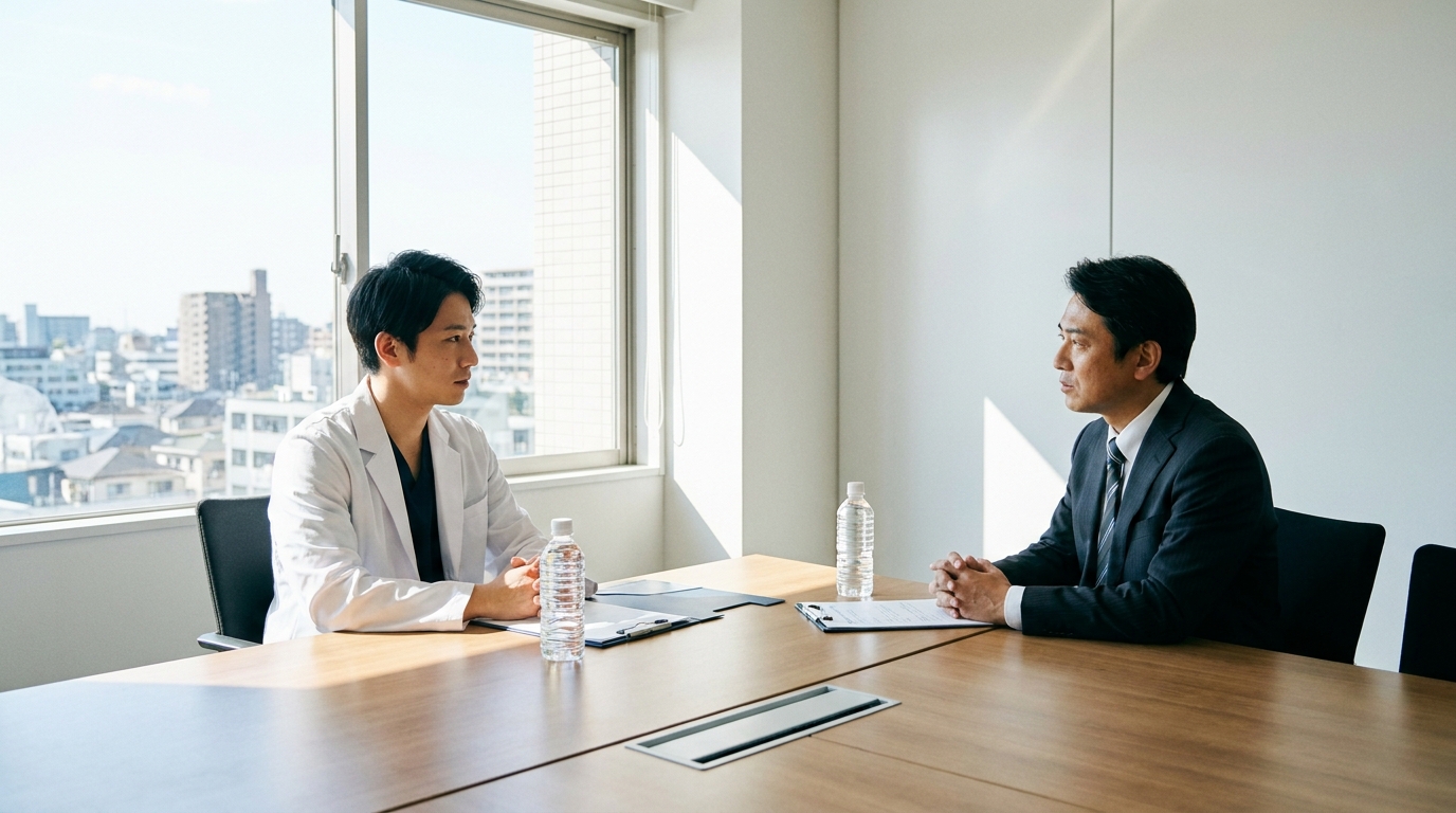 医師が上司に退局を伝える場面