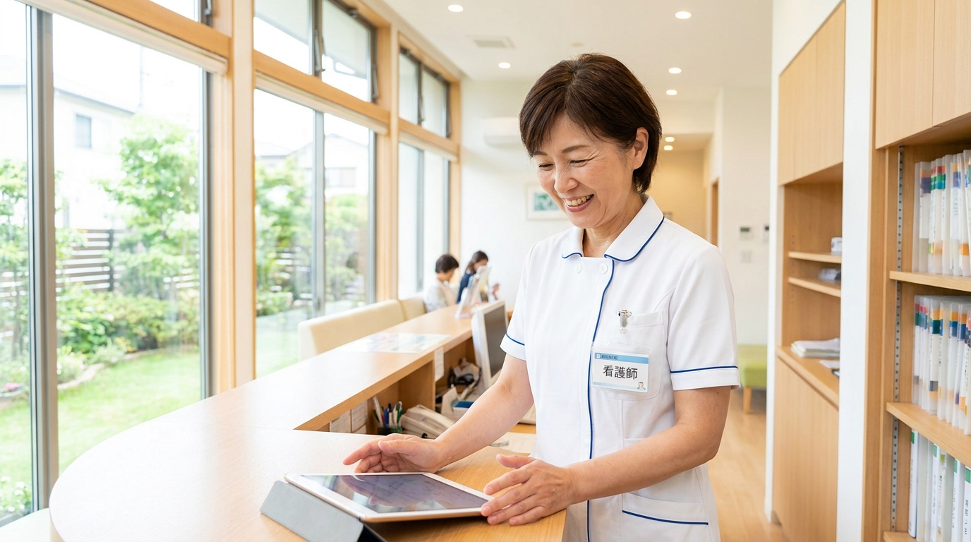 看護師が退職後に新しいクリニックで笑顔で働いている様子