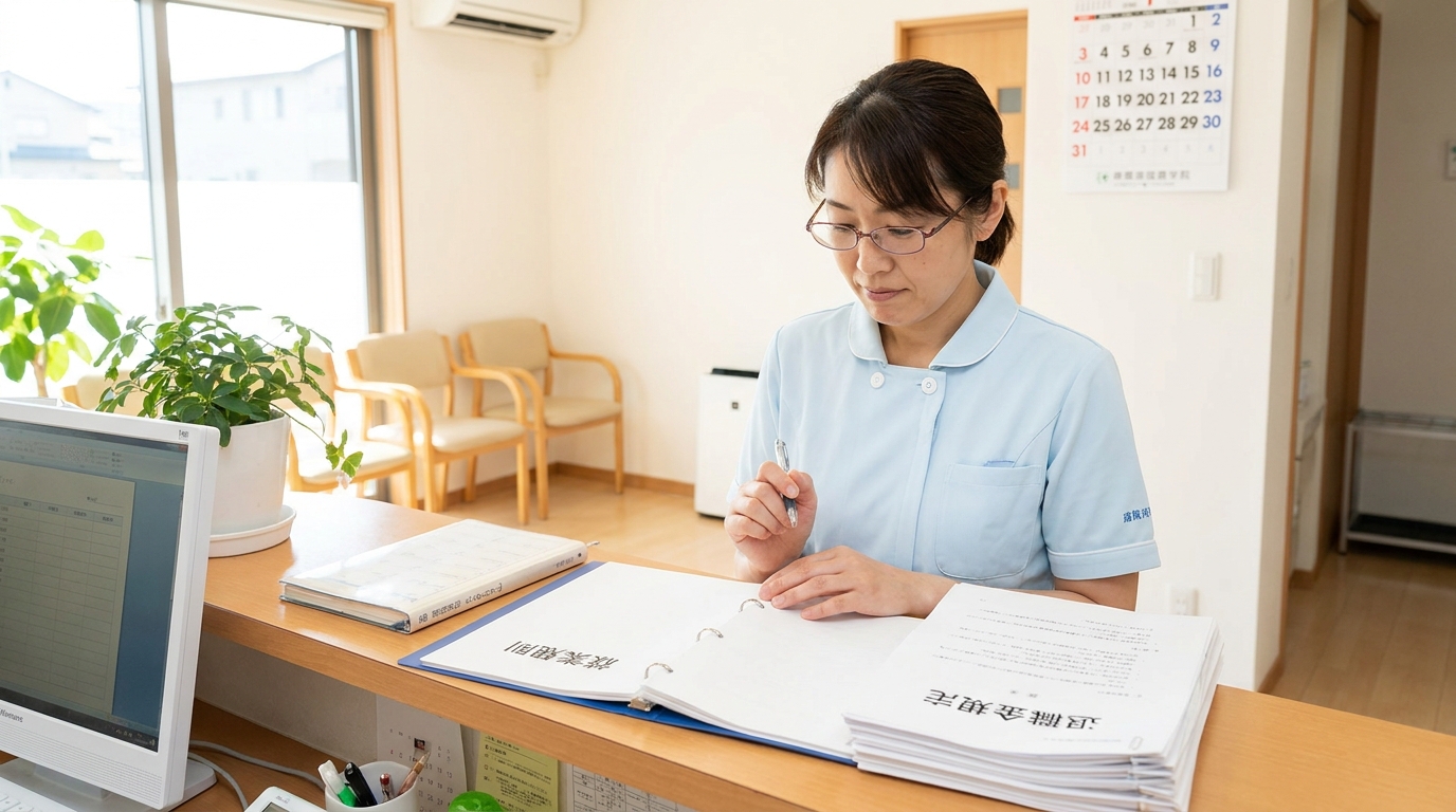 歯科衛生士が退職金について就業規則を確認している場面