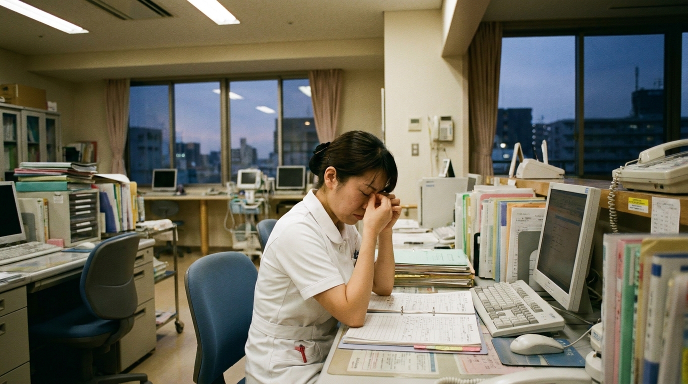 ナースステーションで疲れた表情の看護師が記録作業をしている場面