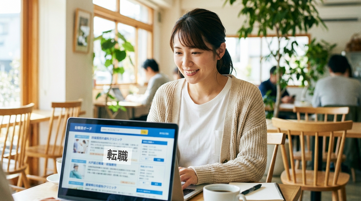 歯科衛生士が次の職場の求人情報を確認している場面