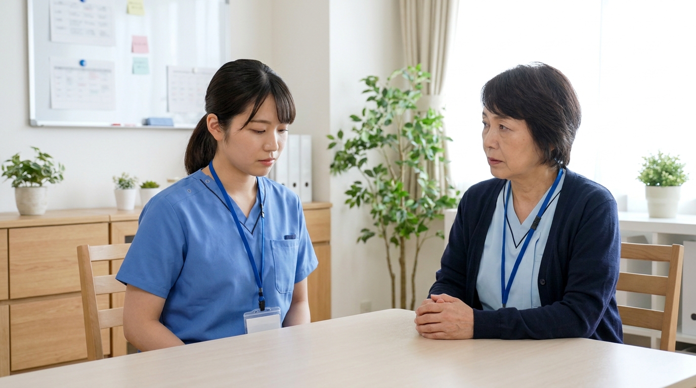 看護師が師長と面談室で退職について話し合っている場面