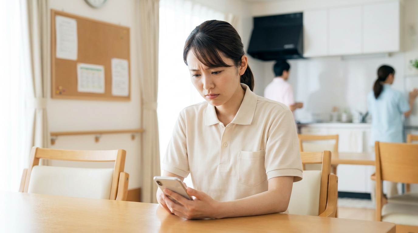 介護士が休憩室でスマートフォンを見ながら悩んでいる様子