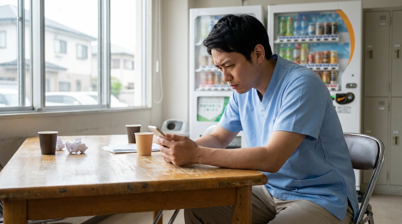 理学療法士がスマホで知恵袋の相談を読んでいる実写風画像