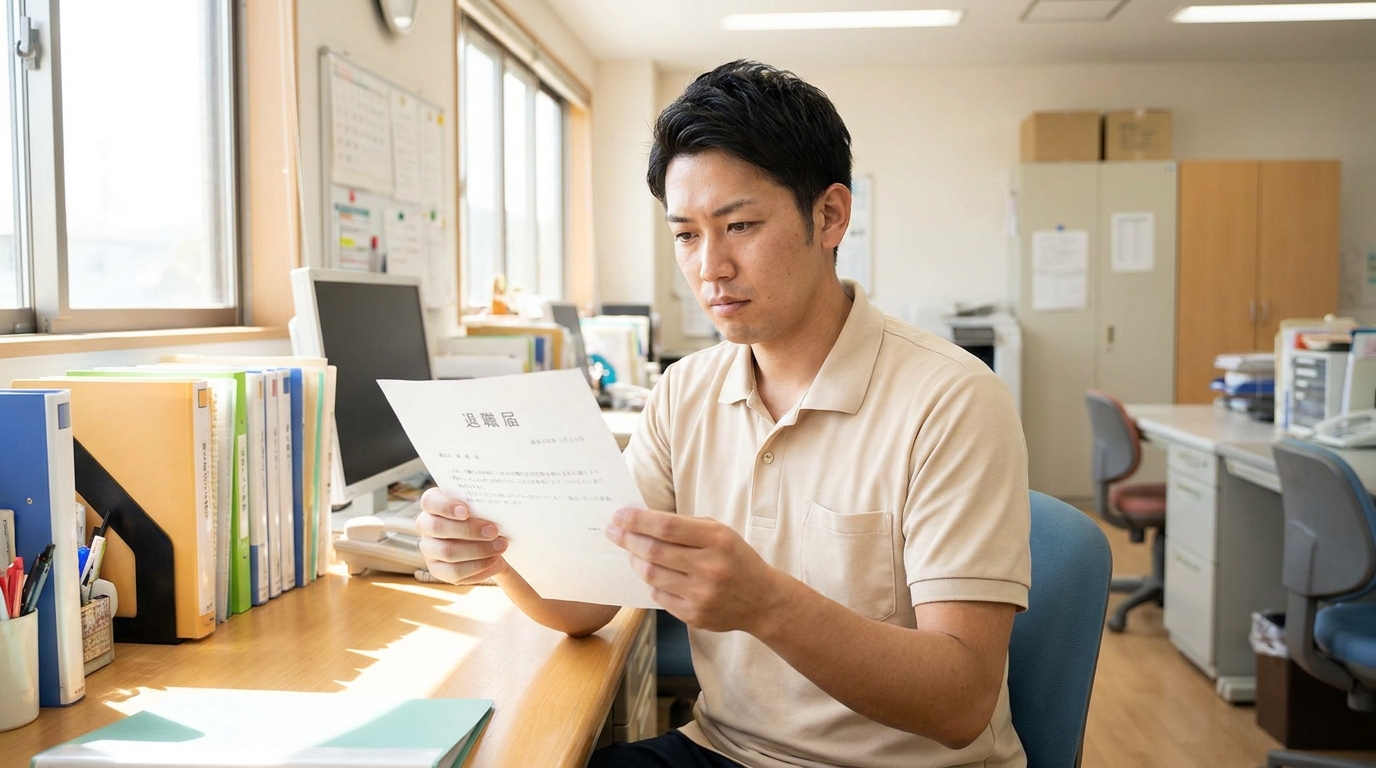 介護士が退職の書類を確認しながら考えている場面
