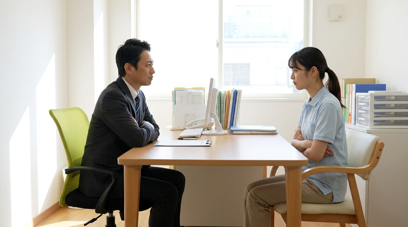 施設長と介護士が退職について話し合っている場面
