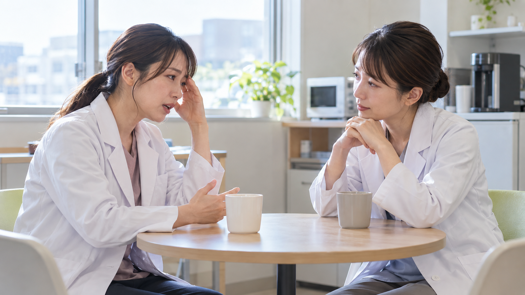 薬剤師が仕事のプレッシャーについて相談している場面