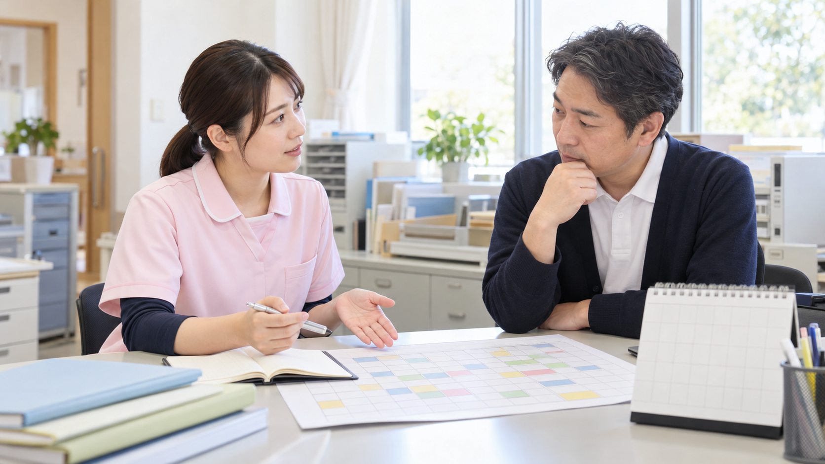 介護施設の事務室で退職日と有給の残日数を確認する介護職員