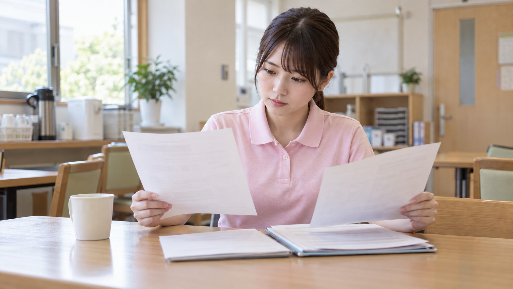 介護施設の休憩室で修学資金の契約書と給与明細を見比べる新卒の介護職員