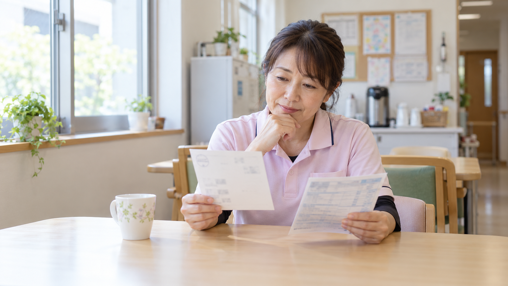 ねんきん定期便と給与明細を見ながら今後を考える50代の介護職員