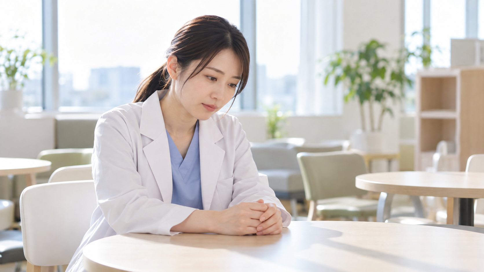 看護師が責任の重さについて一人で考え込んでいる実写風画像