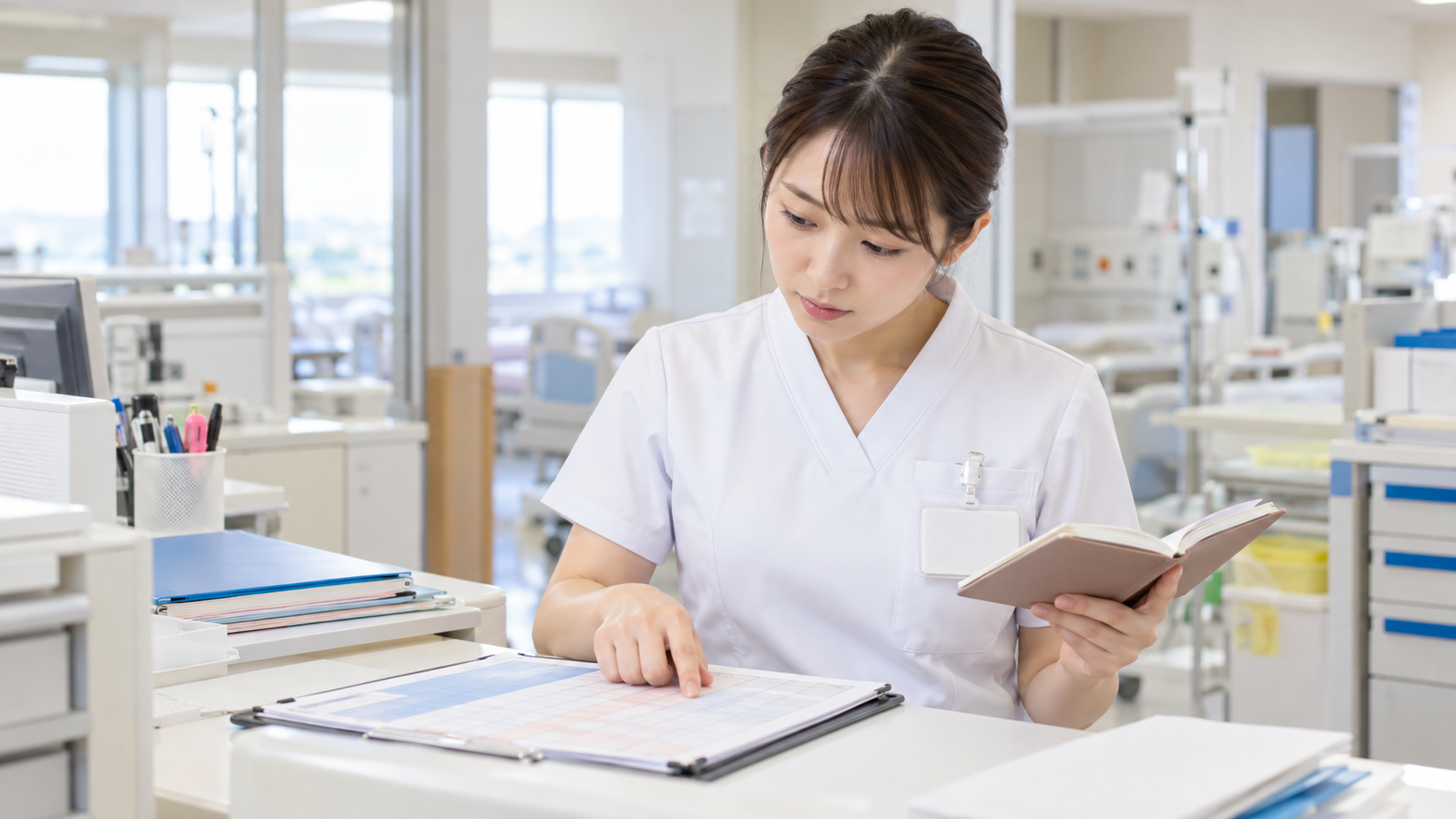 看護師が勤務表を見ながら業務量を数え直している実写風画像