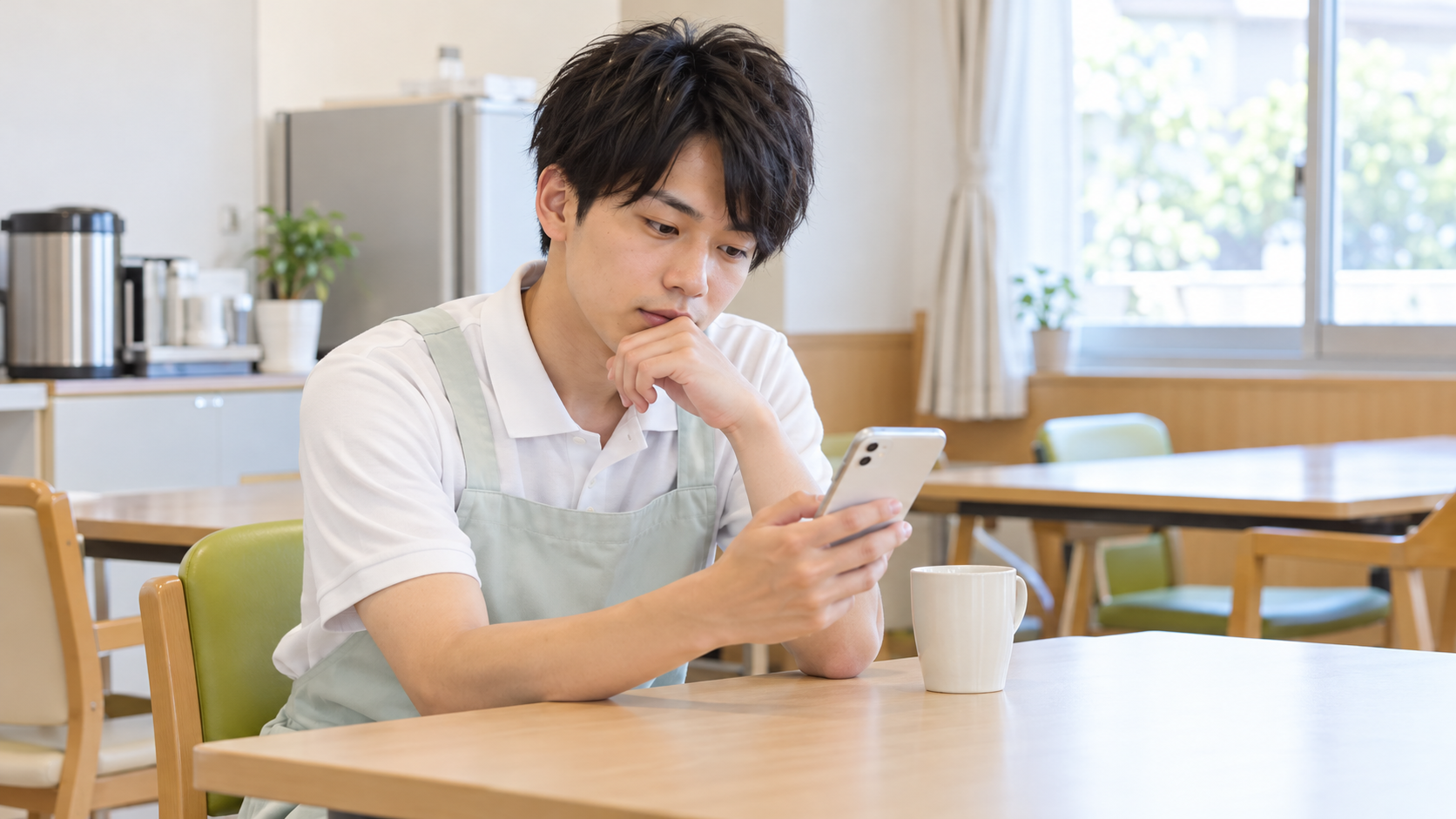 高卒で介護職として働く若手職員が休憩室でスマートフォンを見ながら進路を考えている様子