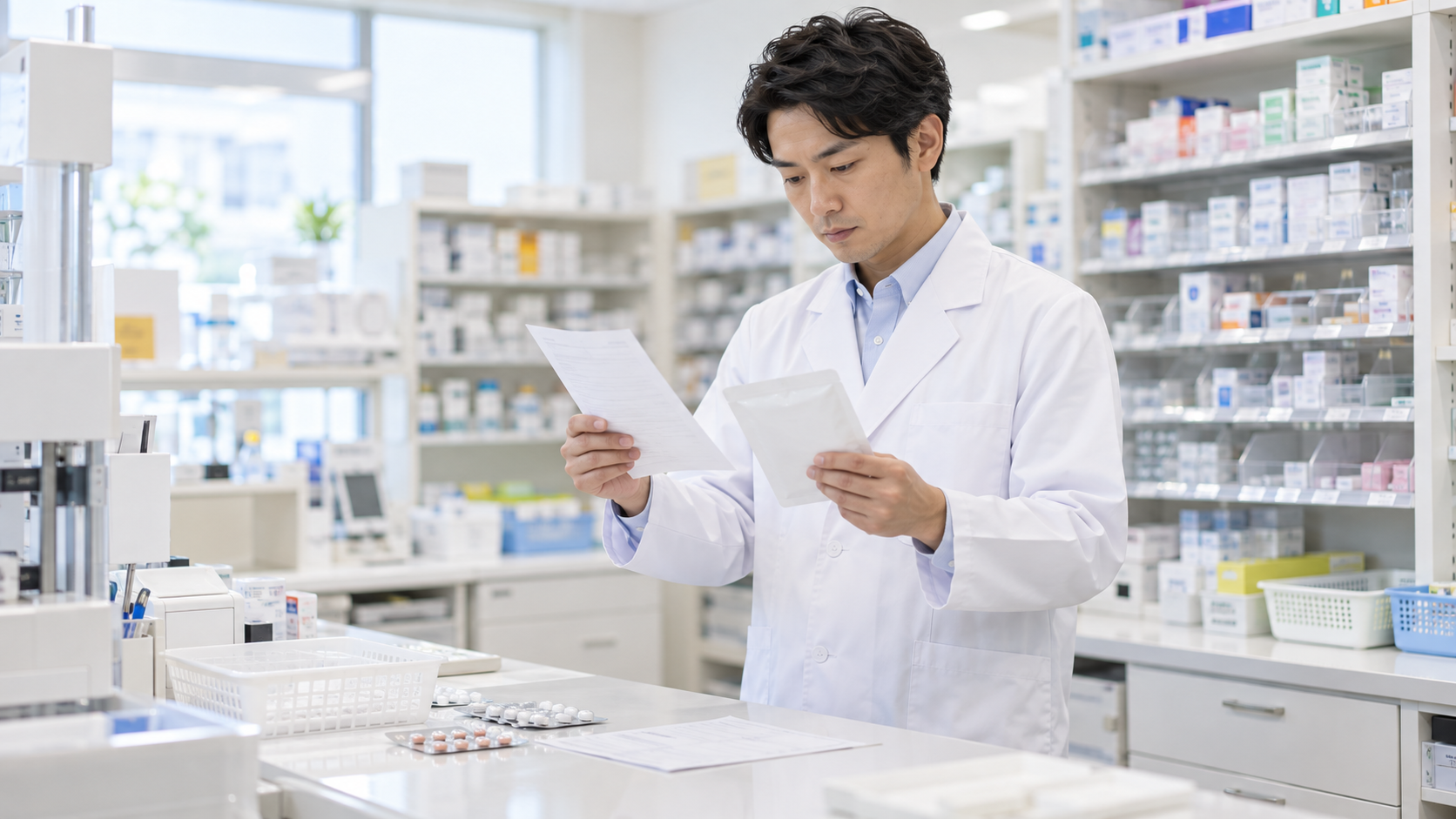 薬剤師が調剤の監査手順を確認している場面