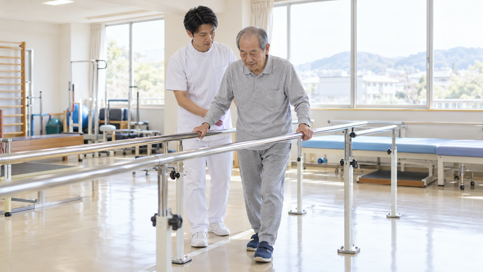 回復期リハビリ病棟で患者の歩行訓練を行う理学療法士