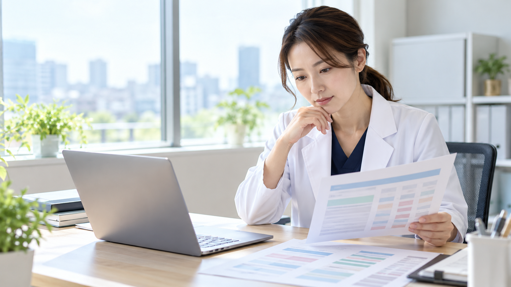 医師が勤務先ごとの条件を比較している様子