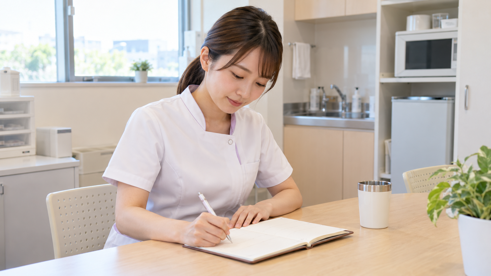 歯科医院の休憩室で転職スケジュールを手帳に書き込む歯科衛生士