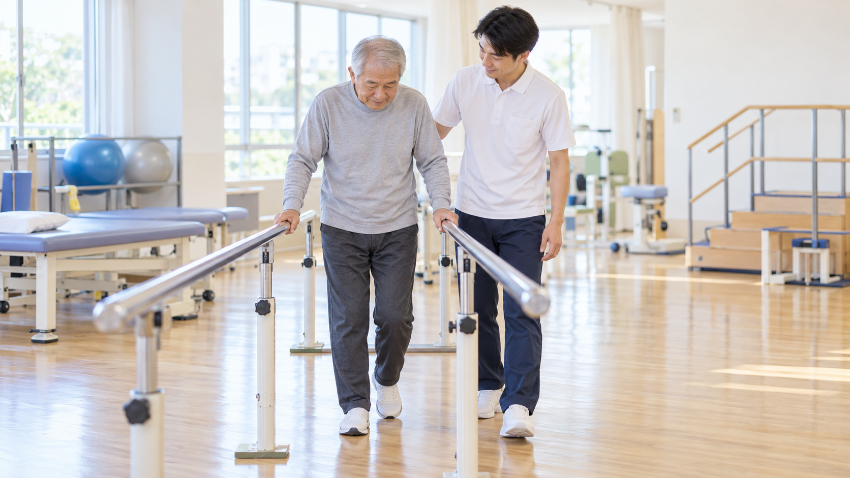 回復期リハビリ病棟で患者の歩行訓練を行う理学療法士