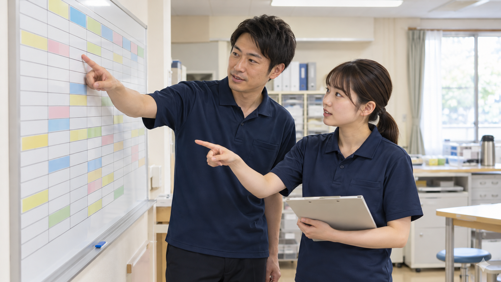 介護施設のスタッフルームでシフト表を確認するユニットリーダーと介護職員