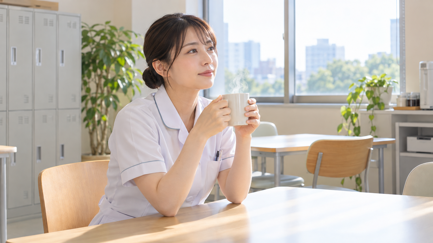 新人看護師が休憩室で気持ちを整理している実写風画像