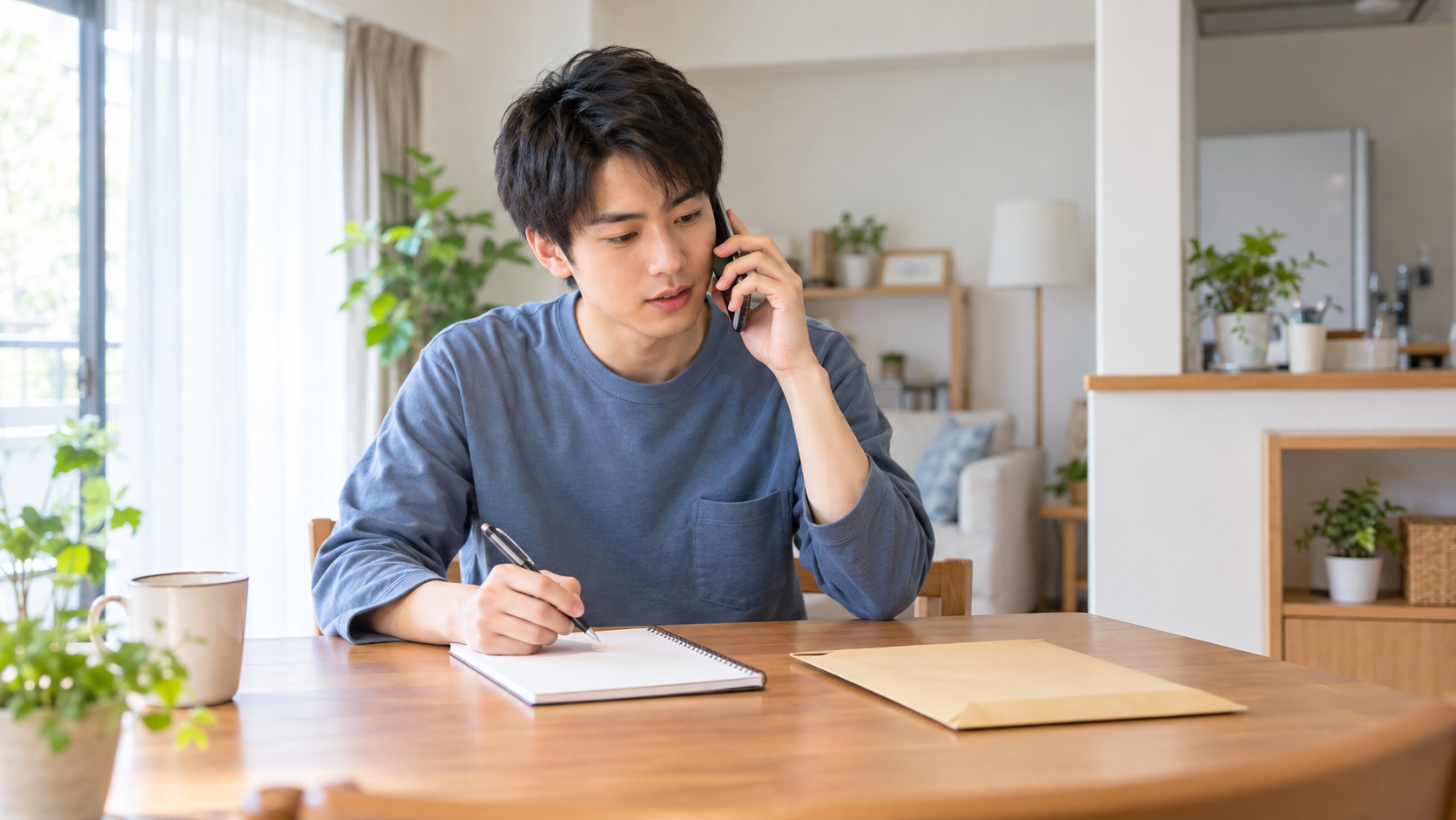 福祉系専門学校を卒業した新卒の介護職員が社会福祉協議会に電話で修学資金の条件を問い合わせる様子