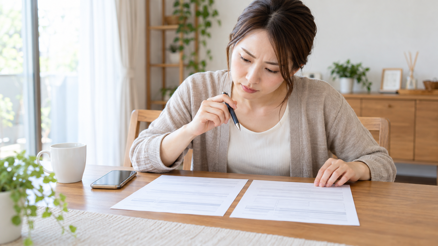 看護師が派遣の雇用契約書と就業条件明示書を見比べている実写風画像