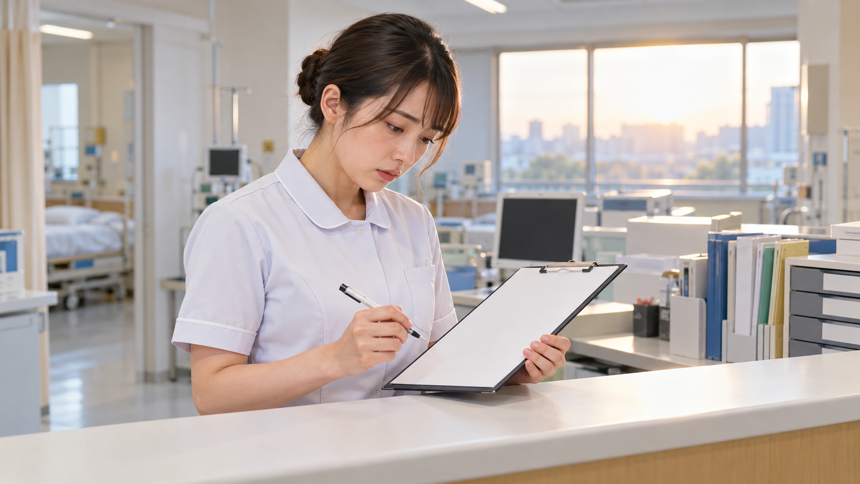 夜勤明けの看護師がナースステーションで勤務表を確認している実写風画像