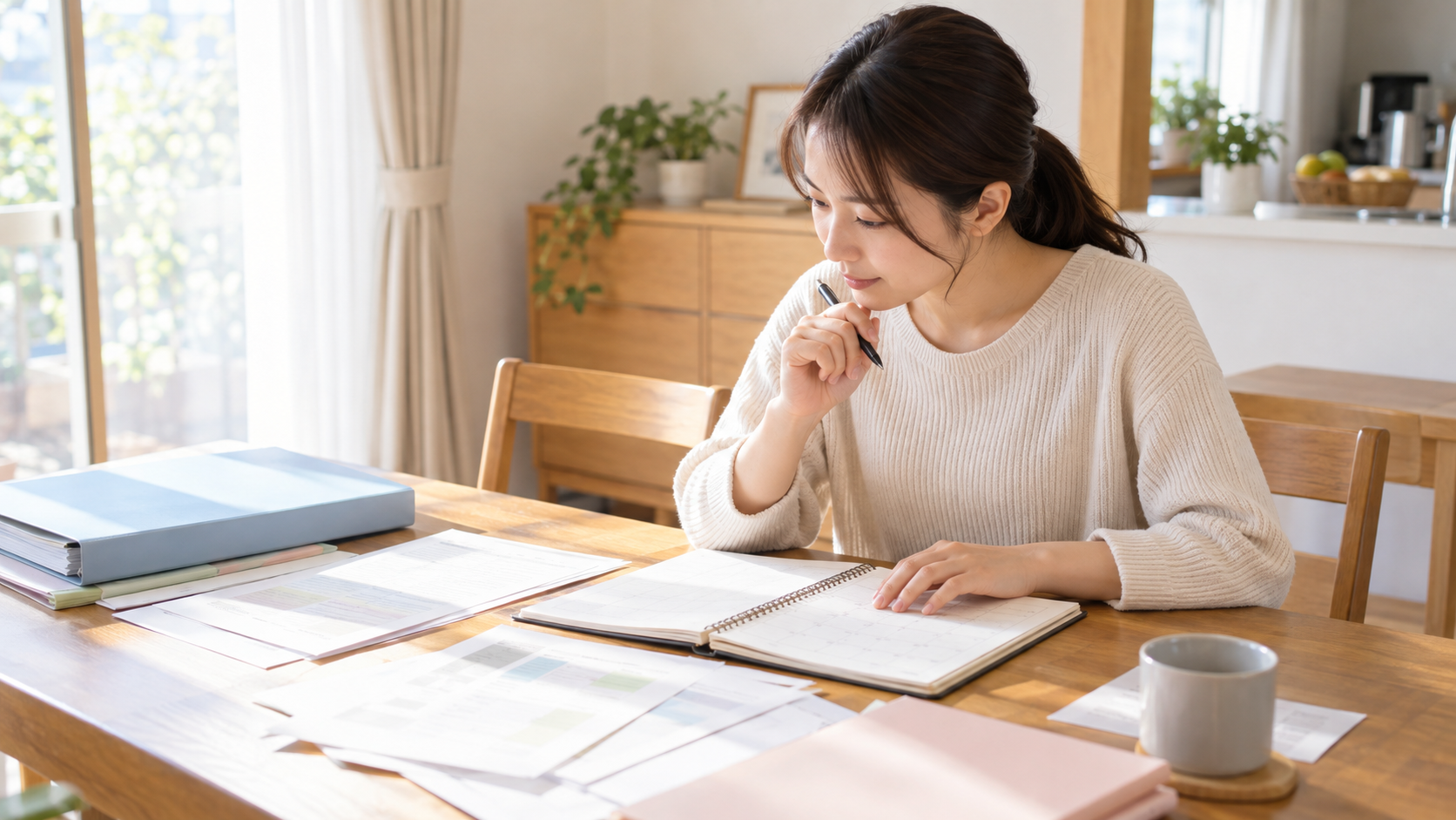 介護職の女性が受験資格に必要な実務経験の日数を手帳と書類で確認している様子