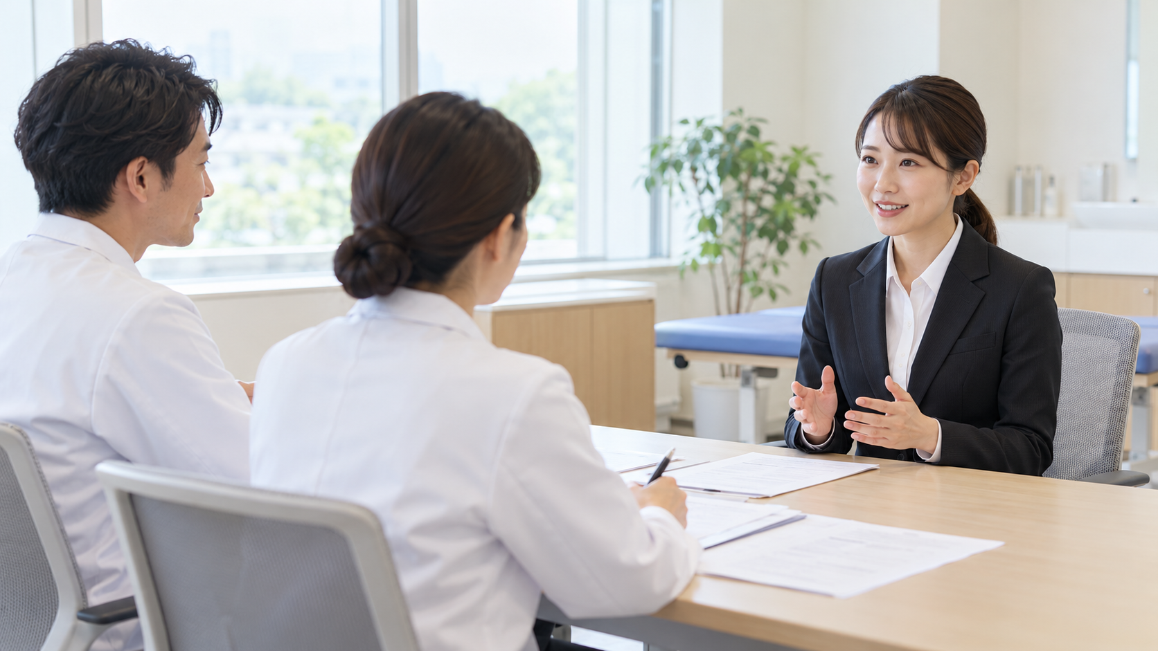 スーツ姿の理学療法士が転職面接で面接官と話している様子