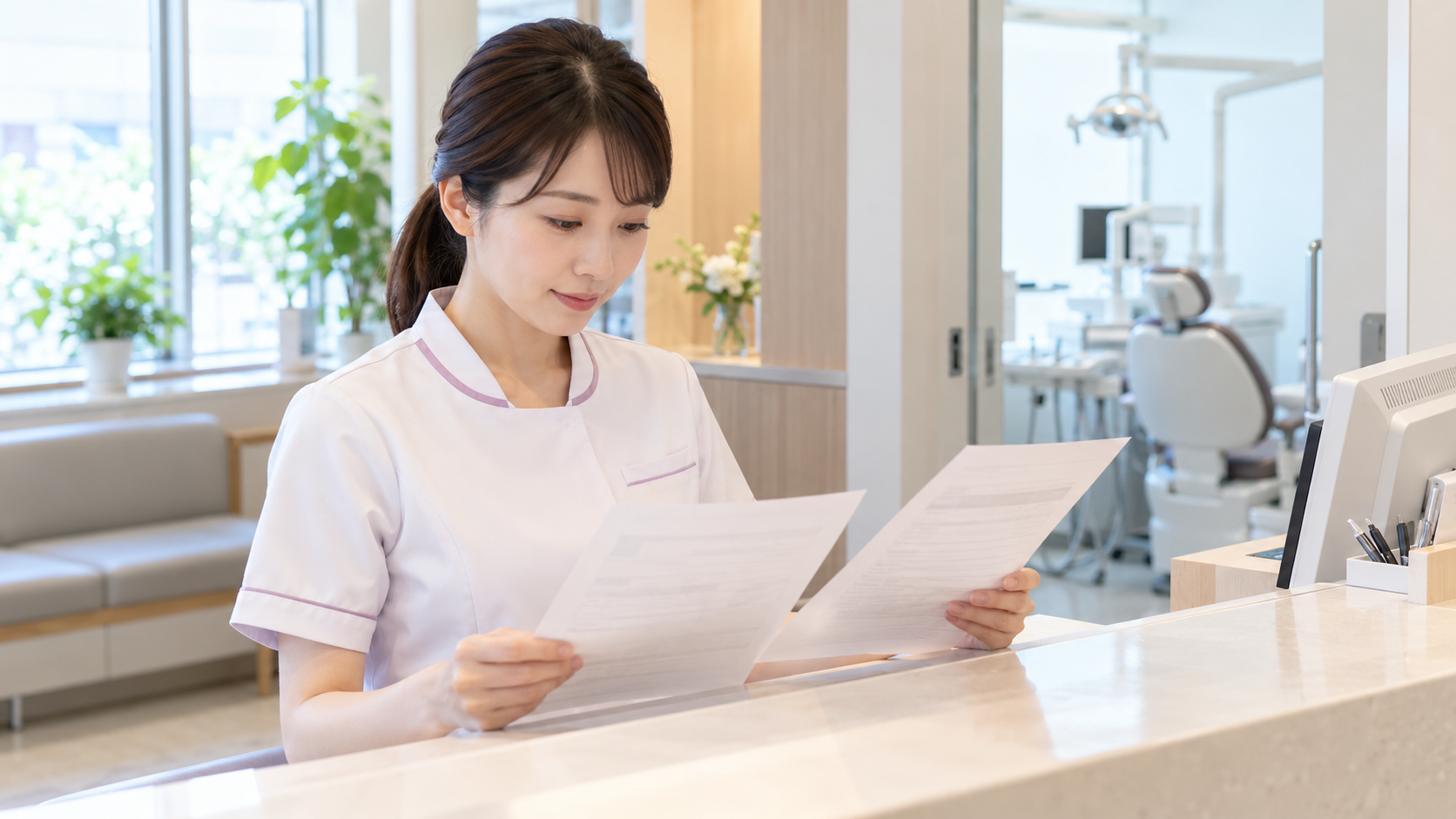 歯科衛生士が給与明細と就業規則を並べて確認している様子