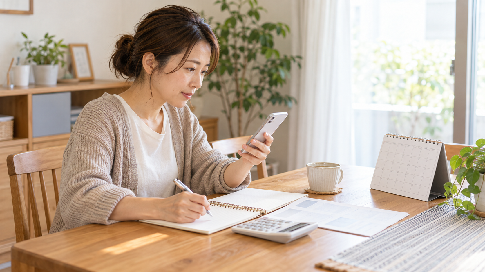 電卓と給与明細を前に有給の金額を計算する介護職員