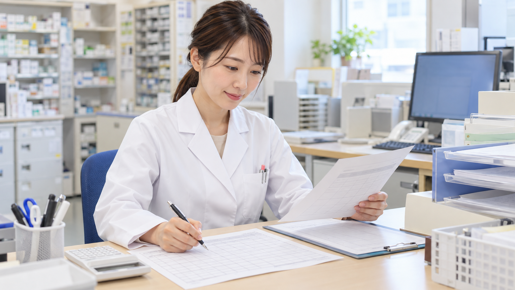 パート薬剤師が退職の申し出と有給消化の予定を書類で整理している場面