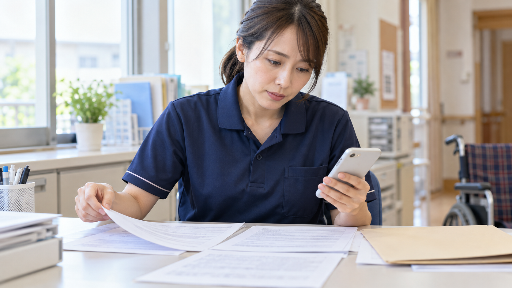 介護施設の事務室で雇用契約書と就業規則を確認する介護職員