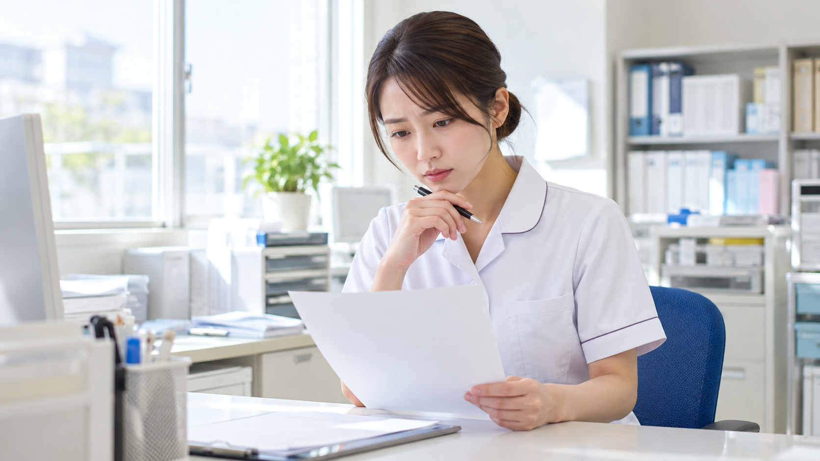 退職届の書類を確認する看護師の実写風画像