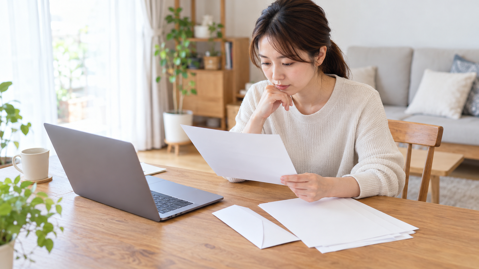 看護師が退職と保育園の手続きの書類を確認している実写風画像