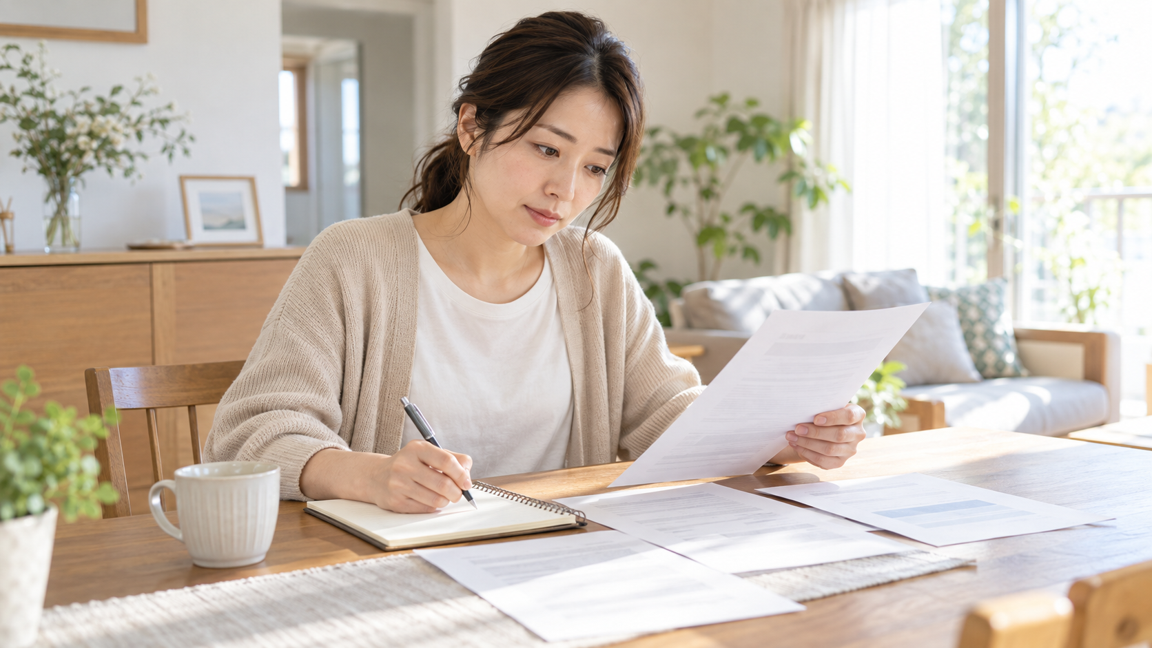 看護師が自宅で退職届と就業規則の書類を確認している実写風画像